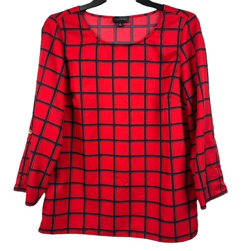 The Limited Roll Tab Sleeves Top Red Blue Check Blouse Size Small